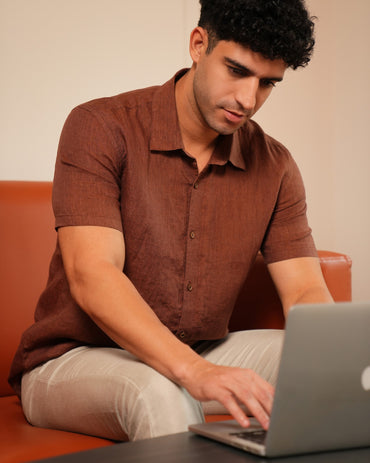 Regular Fit , solid linen shirt, Color -Brick