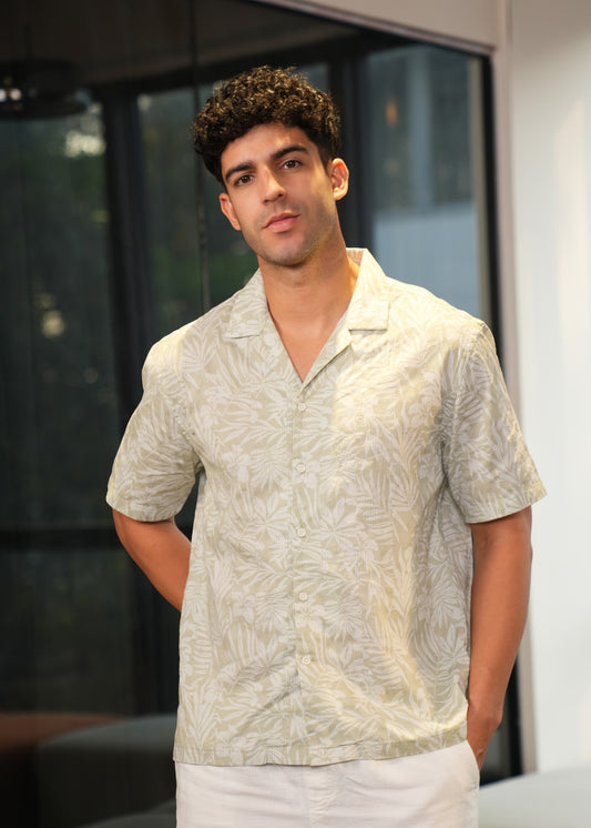 Regular Fit Printed Self Stripe Dobby Camp collar Shirt