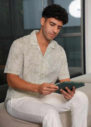 Regular Fit All over Printed Self Stripe Dobby Camp collar Shirt, Color -Leaf Green