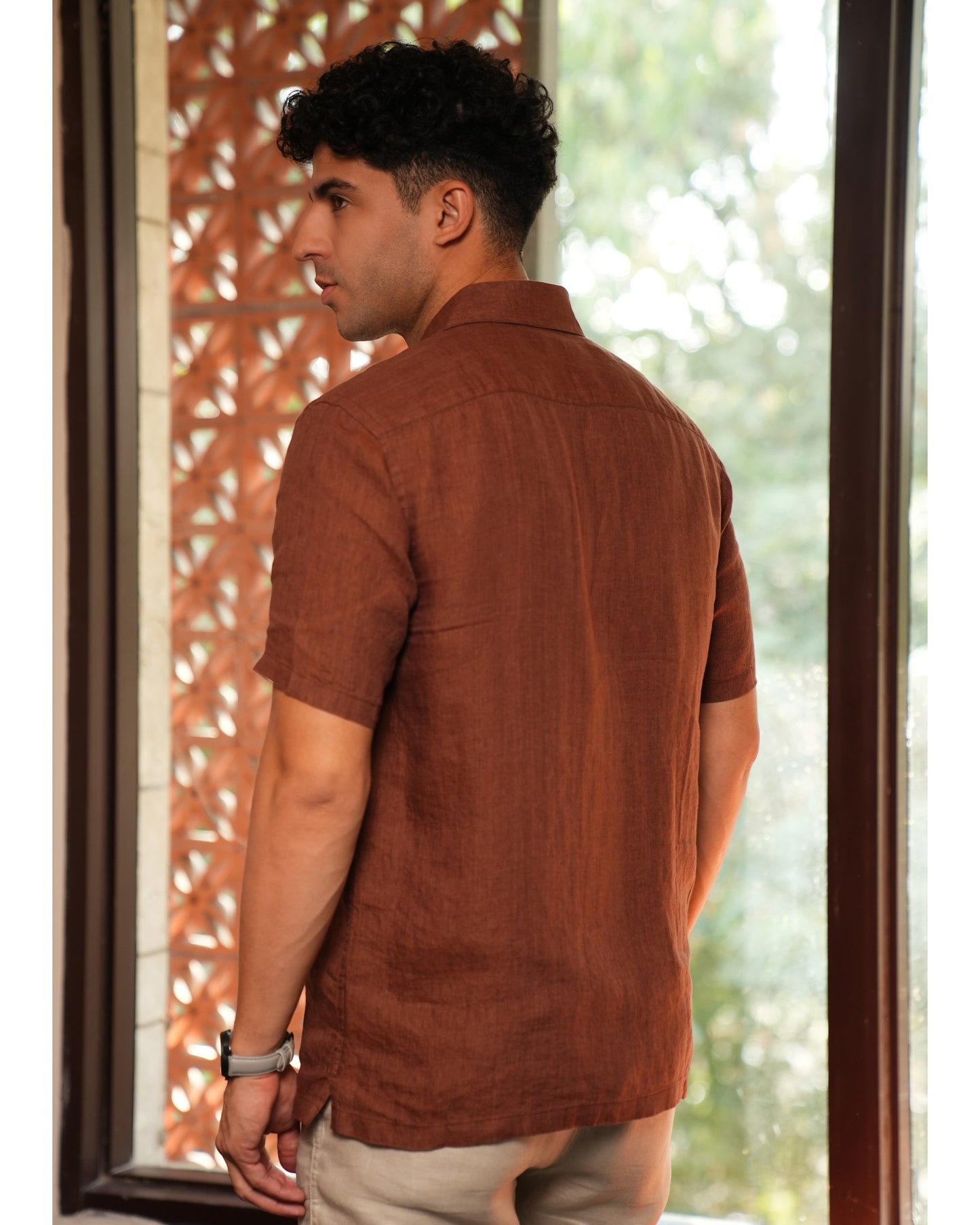 Regular Fit , solid linen shirt, Color -Brick