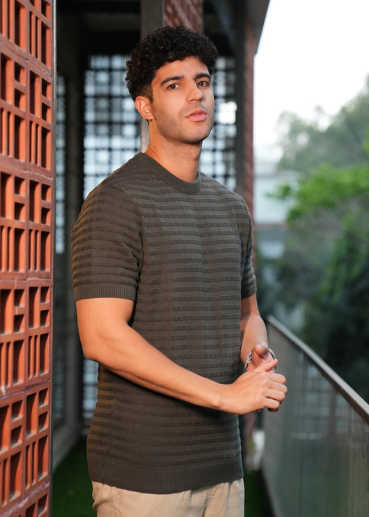 Mens Flatknit Textured Round Neck Tee