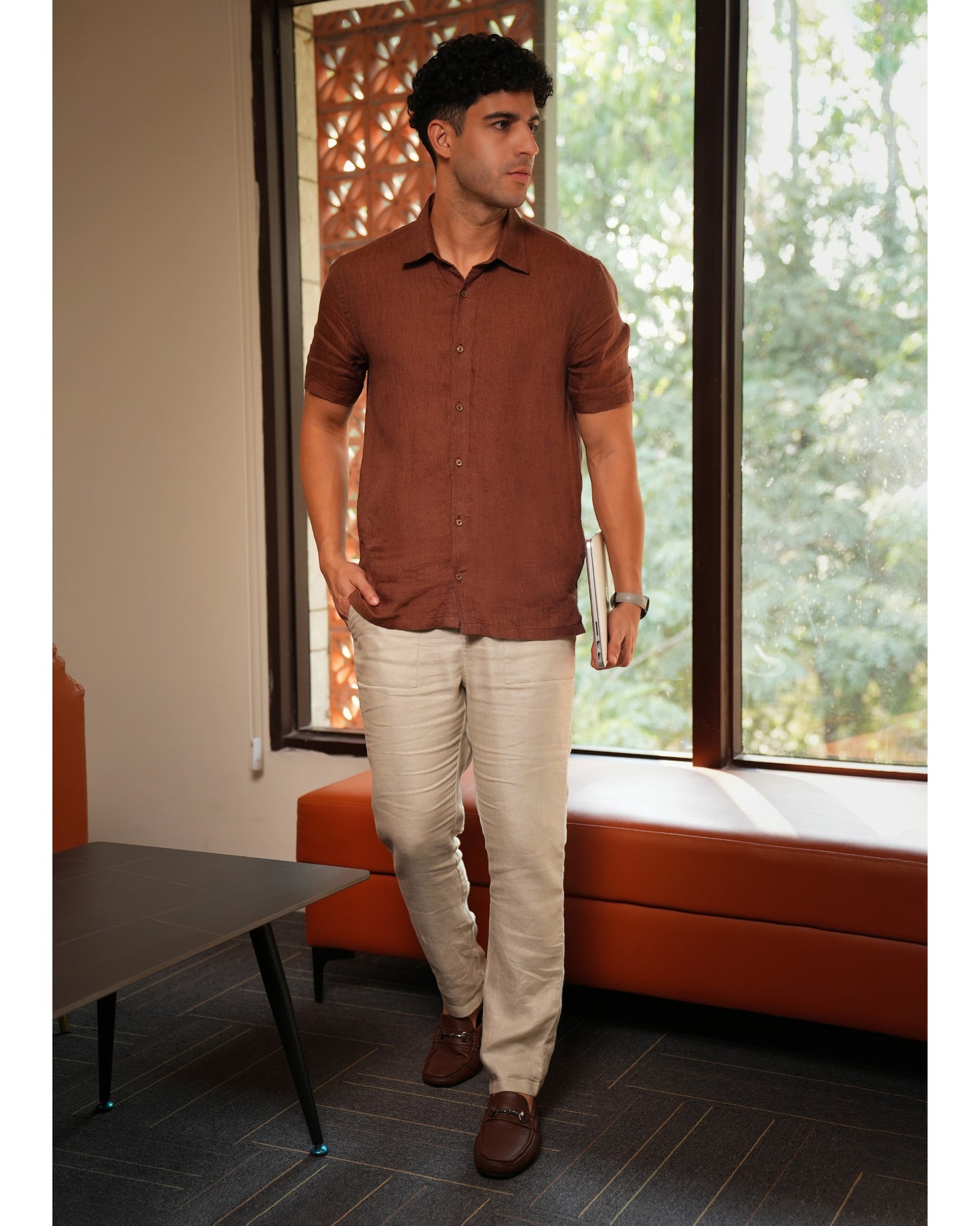 Regular Fit , solid linen shirt, Color -Brick