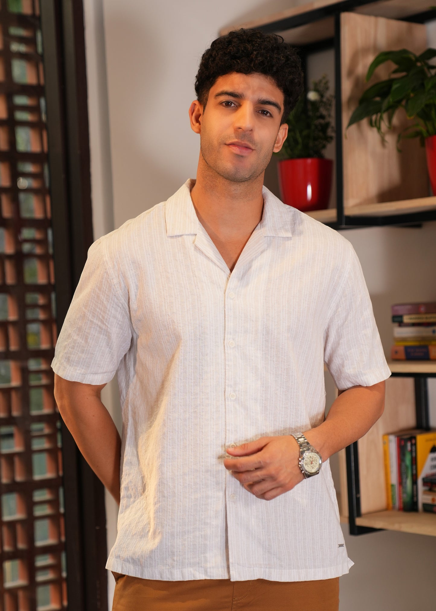 Regular Fit Dobby Stripe Camp collar Shirt