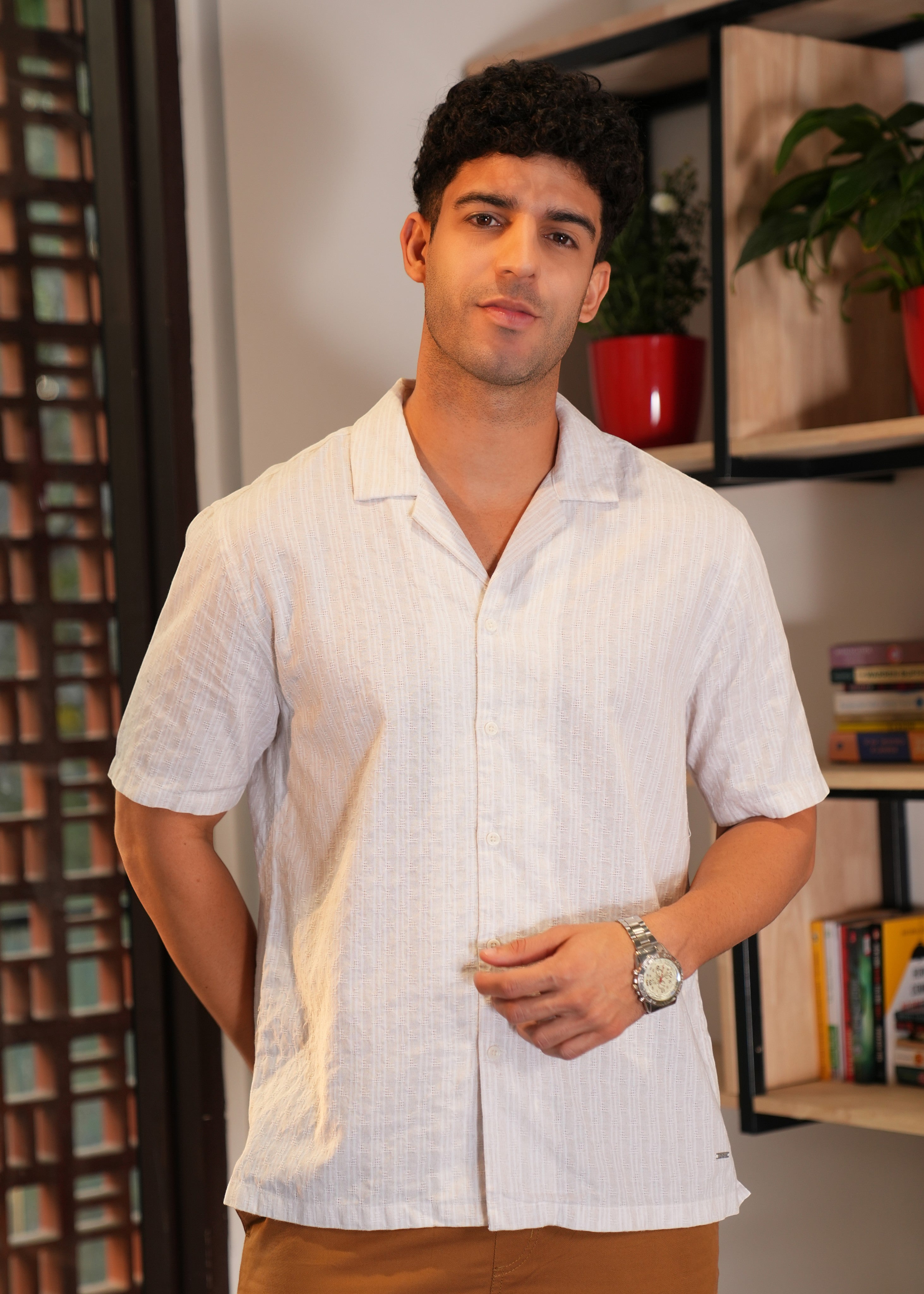 Regular Fit Dobby Stripe Camp collar Shirt
