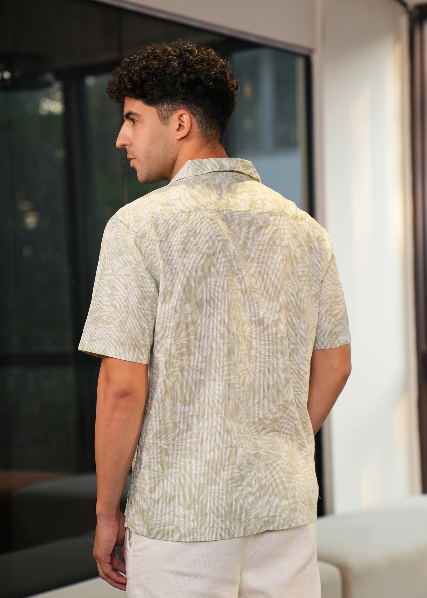 Regular Fit All over Printed Self Stripe Dobby Camp collar Shirt, Color -Leaf Green